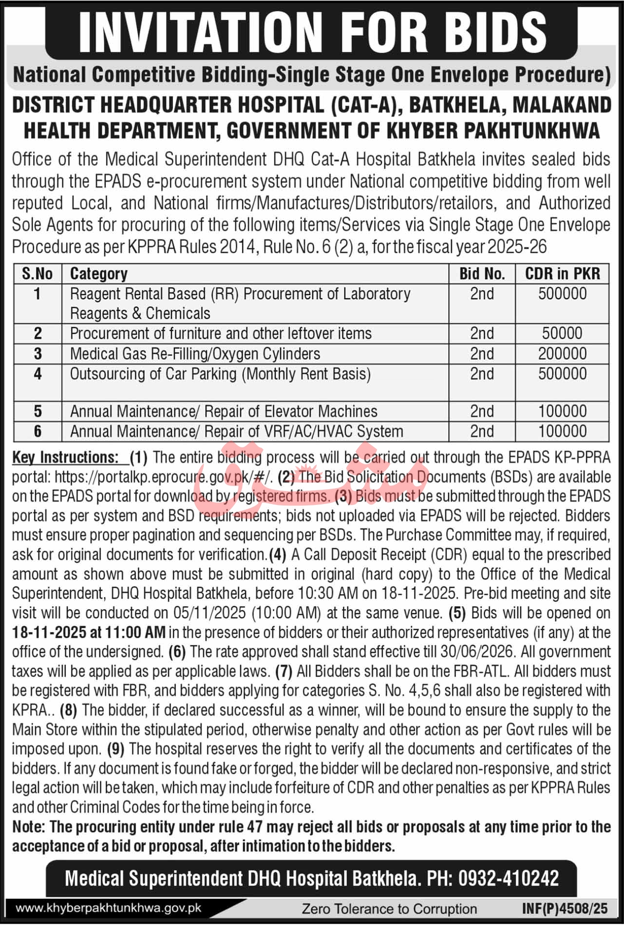 DHQ Hospital Batkhela Tender Notice